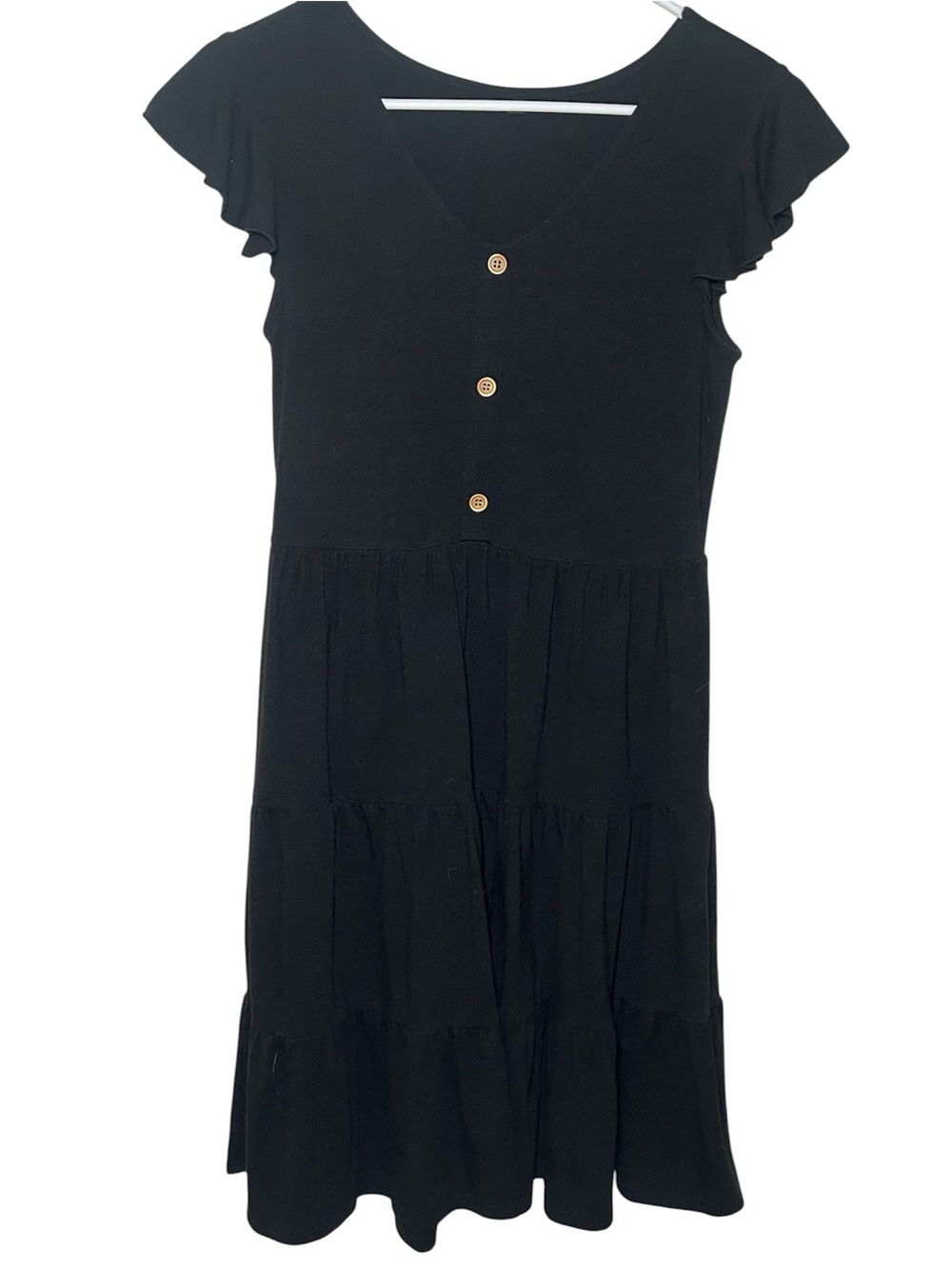 Casual Black Tiered Short Sleeve Button-Front Dress Small Flowy Midi Comfort